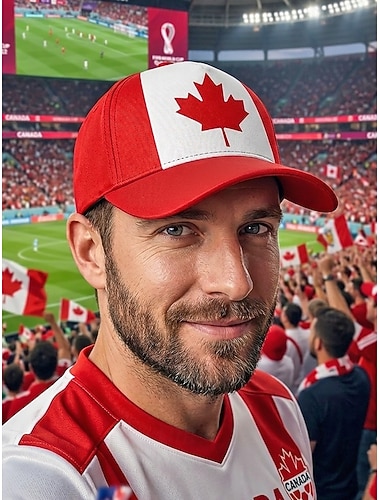  Casquette de baseball pour homme en polyester aux couleurs du drapeau canadien, taille ajustable, idéale pour les supporters de football, les matchs, les événements sportifs et les activités de plein air au quotidien.