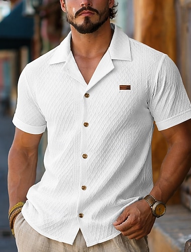  Herren Hemd Freizeithemd Knopfhemd Jacquard-Hemd Weiß Kaki Schwarz Kurzarm Einfach Hemdkragen Kentkragen Lässig Täglich Fronttasche Bekleidung Elegant Mode Lässig
