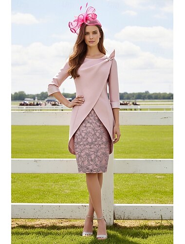  Two Piece Sheath Column Dress Sets Knee Length Wedding Guest Dress Mother of the Bride Dress 3/4 Length Sleeve V Neck Elegant Vintage Sparkle & Shine Wedding Party Semi Formal Satin Glitter Lace with