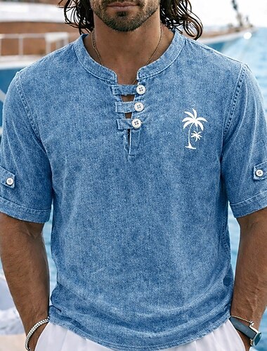  Herre Poloskjorter 100% bomullssyre-vaskeskjorte Avslappet Ferie Krageløs Kortermet Mote Grunnleggende Palmetre Knapper Årgang Sommer Vår Blå Rød Lilla Grønn Grå Poloskjorter