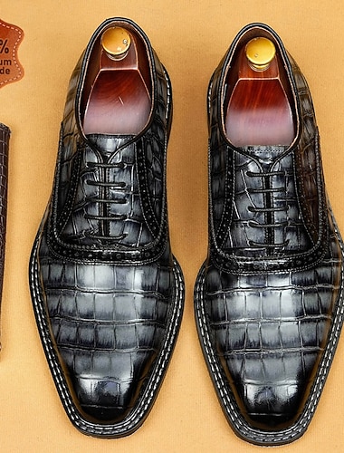  Herresko i premium ekte skinn, svarte krokodillepregede oxfordsko, klassiske snøresko for formelle kjoler, for brudgommen, forretningsmenn, bryllup, banketter og elegante anledninger.