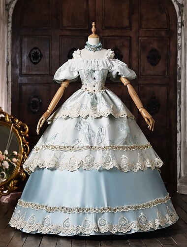  Rococó Barroco Vestido de Baile Longo Vestidos Vestido de Baile Buffante Mangas curtas Princesa Casamento Renda Bordado De Baile Decote Quadrado Fantasia Mulheres Real Dia Das Bruxas Carnaval Baile