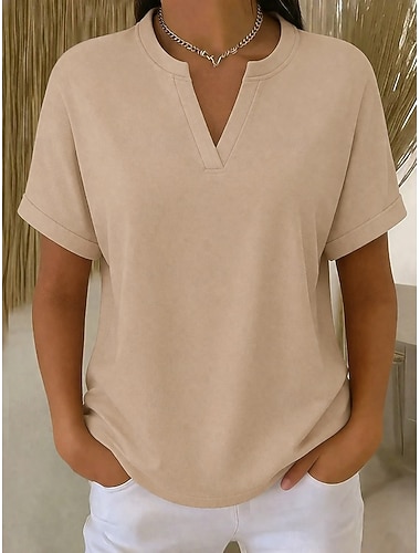  Dame T skjorte T-skjorte عادي Mote Stilfull Klassisk Kortermet V-hals Vanlige topper Daglig Ut på byen Helg Blå Svart Hvit Rosa Rød Sommer Vår