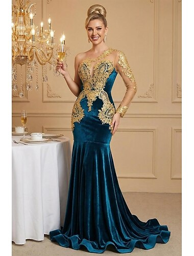  בתולת ים  חצוצרה שובל סוויפ בראש שמלות נשף שמלות ערב שמלת נשף לבוש רשמי אלגנטית מסיבה שרוול ארוך כתפיה אחת נשף רקודים רשמי קטיפה עם פרטים מפנינה אפליקציות