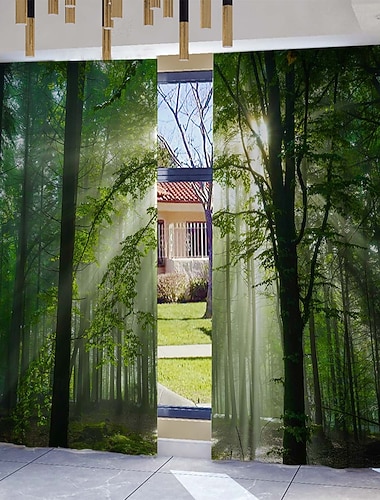  2er-Set bedruckte Vorhänge mit Waldpflanzen- und Sonnenscheinmotiv, moderne Heimdekorationsvorhänge im Kunststil mit Stangentaschen, geeignet für Küche, Café, Wohnzimmer, Balkon und Garten.