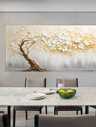  Originales, handgemaltes Gemälde in Gold und Weiß auf Leinwand, abstrakte 3D-Wandkunst mit Struktur, Blick in den Himmel, Baumkunst, Wohnzimmerkunst, Naturlandschaftsmalerei