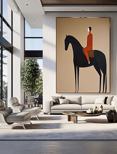  Handgefertigtes, minimalistisches Wandbild im Japandi-Stil mit Western-Pferdemotiv, großes schwarzes Pferd, strukturierte Leinwand, handgefertigtes Original, neutrale Wohnzimmerdekoration