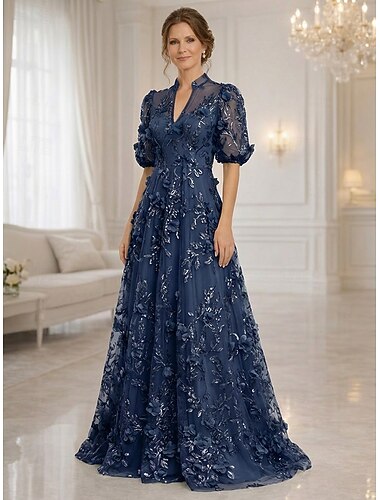  A-Linie Kleid Bodenlang Maxidress Partykleid Cocktailkleid Brautmutterkleid Halbarm V Ausschnitt Elegant Vintage luxuriös Formell Hochzeitsgast Semi-Formal Spitze mit 3D-Blumen Stickerei Applikationen
