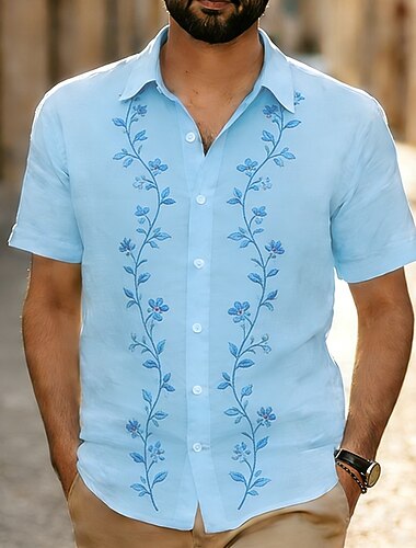  Per uomo Stampa Floreale Etnico Fiori Camicia Camicia Guayabera Camicia con Bottoni Manica Corta Vintage Retrò Quotidiano All'aperto Vacanza Estate Primavera Collo ripiegato Stampa 3D Camicia tipo