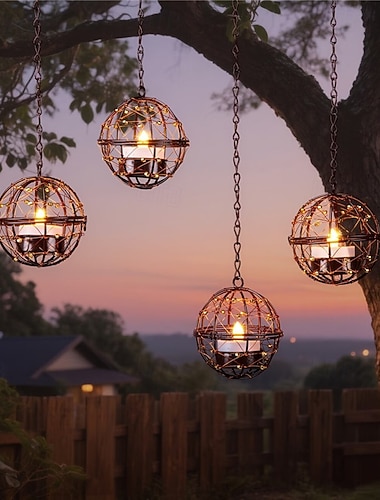  Solární kovové závěsné svíčky s kuličkami, dekorativní závěsná světla z kovaného železa, solární venkovní LED světla, závěsná světla pro zahrady a terasy, vhodná do zahrad, vil, teras, noční světla