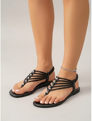  Zwarte teenslippers voor dames met kralenbandjes – lichtgewicht, elastische instapsandalen voor de zomer, ideaal voor strand, vakantie, reizen en casual gebruik.
