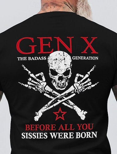  Herren Gen X – die coole Generation, bevor ihr alle Weicheier geboren wurdet – Totenkopf, gekreuzte Skeletthände, roter Stern, Vintage-Look, Used-Look, T-Shirt mit Grafikprint, Rundhalsausschnitt,