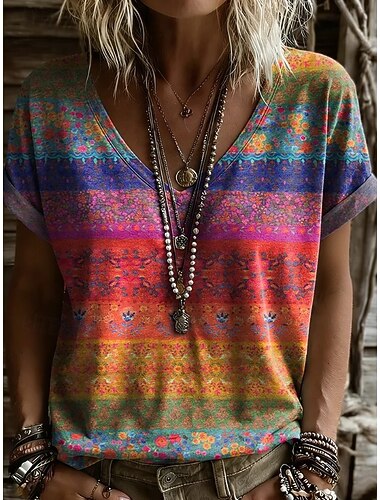  نسائي تي شيرت طباعة ورد الرسم النباتات عتيق أنيق كلاسيكي كم قصير V رقبة قمصان طويلة مناسب للبس اليومي عطلة نهاية الاسبوع أزرق أصفر وردي بلاشيهغ برتقالي الصيف الربيع