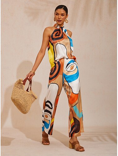  abstrakt kunst silkemyk sateng halterneck ermeløs topp