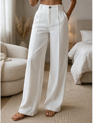  Damen Weites Bein Hose Anzughose Freizeithose Mode Streetwear Basic Volle Länge Hohe Taille Einfach Tasche Elastischer Bund Bequem Unelastisch Täglich Büro Urlaub Dunkelblau Schwarz Weiß Gelb