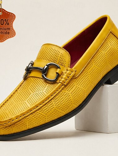  Herrloafers i gula läder med metallspänne, premiumkohud, eleganta vardagsskor för män, perfekta för kontor, sociala evenemang och fritidskläder