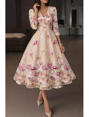  Ligne A Longueur cheville Longueur thé Robes de Cocktail Élégant ancien Floral manche longue Col en V Fête de jardin Mariage Satin Tulle Dos Bénitier avec Fleur brodée Noeud(s) Broderie