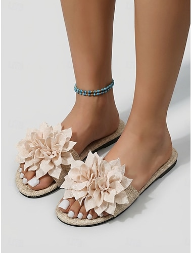  Sandales de plage romantiques à fleurs pour femmes - élégantes mules beiges style lin ornées de grandes fleurs en 3D, parfaites pour les vacances sur les îles et les escapades estivales. &lunes de