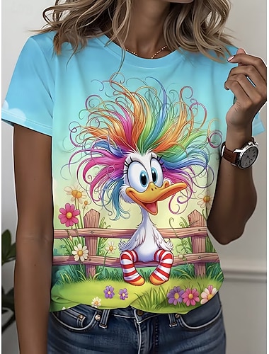  Dame T skjorte Trykt mønster Grafisk Dyr Tegneserie Stilfull Klassisk Fritid Kortermet Crew-hals Rund hals Vanlige topper Daglig Blå Hvit Rosa Oransje Sommer Vår