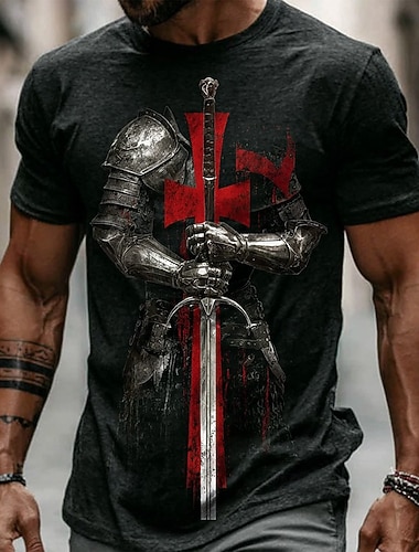  Herren Crusaders Mittelalter Ritter Krieger mit Schwert Fantasy Gothic Streetwear T-Shirt Allover-Druck Regular Fit Aufgeteilt Schwarz Weiß Design Designer Bekleidung