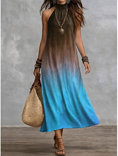  Dame Maxikjole Hverdagskjole Chiffonkjoler Swing Kjole Boho smarte kjoler Boheme Ferie Tropisk Strand Ferie Stævnemøde Løstsiddende Nuance Grafisk Uden ærmer Halterhals Blå Gul Lyserød Lilla Sommer