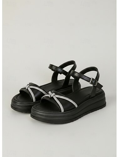  Schwarze Plateau-Sandalen für Damen mit Strass-Zierriemen – lässige Sandalen mit verstellbarem Knöchelriemen, ideal für Reisen, Park und Alltag.