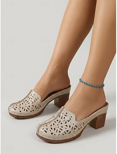  Beige muiltjes met blokhak voor dames – geperforeerde muiltjes met gesloten neus en uitsparingen, comfortabel voor in de tuin of een casual gelegenheid. &dagelijkse kleding