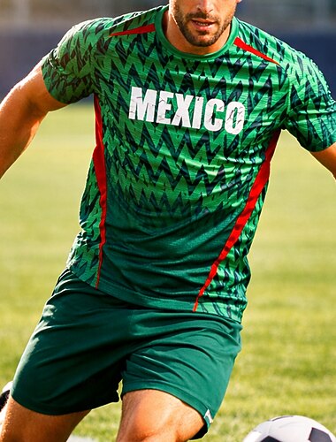  Per uomo Geometrico Lettere & Numeri Messico Calcio estivo Partita globale Maglia da corsa Estate Manica Corta UPF 50 Asciugatura Rapida Traspirante Palestra Track Fitness Verde abbigliamento sportivo