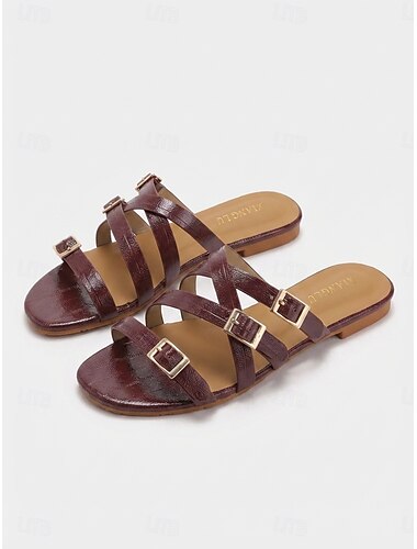  Damessandalen met bordeauxrode krokodillenprint en bandjes - chique platte slippers met gouden gespen voor ontspanning bij het zwembad of strandvakanties. &zomervakanties