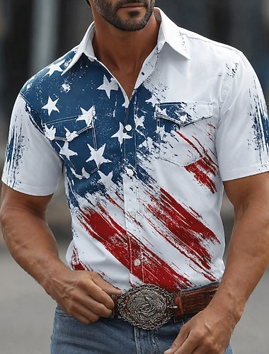  Homme 4 juillet, 250e anniversaire des États-Unis Drapeau Américain Chemise Chemise Western Chemise Boutonnée Manche Courte Patriotique Extérieur Fête Été Printemps Col Rabattu Impression 3D Deux