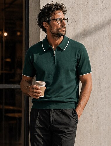  heren polo shirts van kabelgebreid materiaal met kraag, korte mouwen, effen kleur, ritssluiting, lente &zomergroen