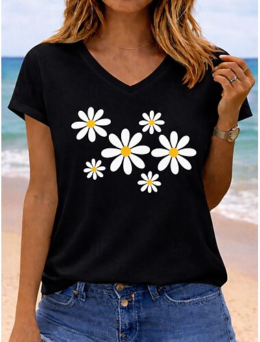  Damen T Shirt Druck Grafik Pflanzen Buchstabe Stilvoll Klassisch Lässig Kurzarm V Ausschnitt Normale Oberteile Lässig Täglich Blau Grün mit Beige Schwarz Braun Khaki Sommer Frühling