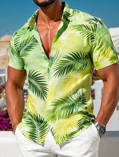  Herren Farbverlauf Palmblatt Tropische Pflanzen Hawaiihemden Tropische Hemden Alohahemd Kurzarm Hawaiianisch Strand Urlaub Sommer Frühling Umlegekragen 3D-Druck Hemden mit Knopfleiste Blau Purpur Grün