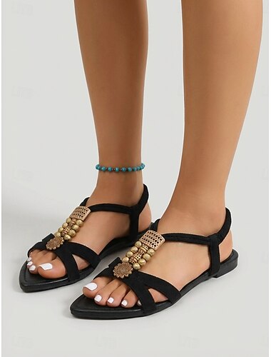  Sandales plates noires à perles pour femmes - sandales bohèmes confortables ornées de pierres précieuses, idéales pour les vacances à la plage et les visites touristiques en plein air. &vêtements de