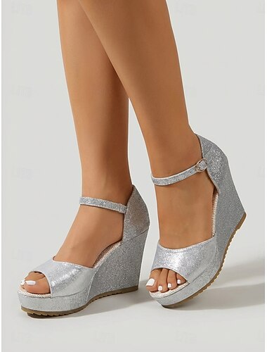  Sandálias femininas prateadas com glitter e salto plataforma - sapatos elegantes com tira no tornozelo para festas no jardim.