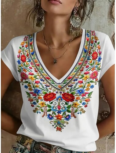  בגדי ריקוד נשים חולצה קצרה רקום דפוס גראפי צמחים שבטי מסוגנן קלסי יום יומי שרוולים קצרים צווארון V חולצות רגילות קזו'אל יומי שחור לבן אודם תלתן קיץ אביב