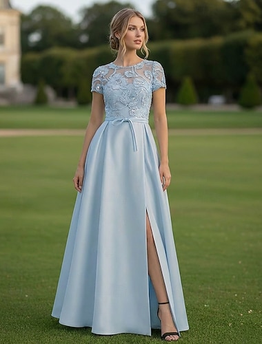  גזרת A עד הריצפה שמלות ערב לבוש רשמי אלגנטית פַּסטֵל שרוולים קצרים צווארון עגול קצר חתונה רשמי סאטן עם פרח רקום פפיון(ים) נצנצים