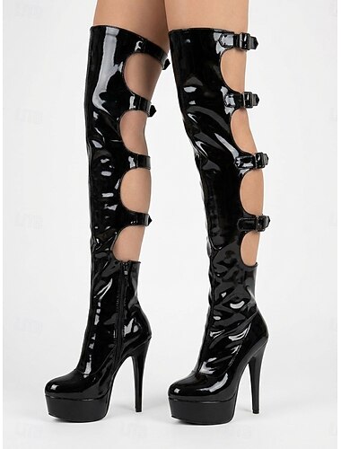  Bottes hautes à plateforme noires vernies pour femmes - talons aiguilles à boucle ajourée pour les soirées