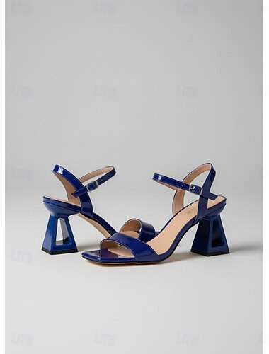  Elegante zwarte hoge hakken voor dames - moderne sandalen met vierkante neus en een unieke geometrische, sculpturale hak, perfect voor luxe hotelresorts, gala's aan het zwembad en zomeravondfeesten.