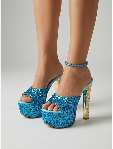  Sandalias de tacón alto con plataforma y purpurina azul para mujer, zapatos de fiesta con punta abierta y tacón de aguja para la vida nocturna y discotecas. &looks de noche glamurosos