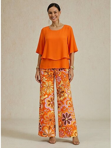  Dame Buksesett Kortermet Halvlange ermer Sommerfugl Rund hals Blomstret Grafisk Elegant Ferie Avslappet Daglig Feriereise Oransje Grønn Beige Vår sommer Løstsittende