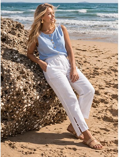  Per donna Pantaloni in cotone e lino Chinos Pantaloni Estivi Dritto Vacanza Streetwear Essenziale Lunghezza intera Vita media Semplice Tasca Elastico in vita Comodo Comodità Confortevole Inelastico