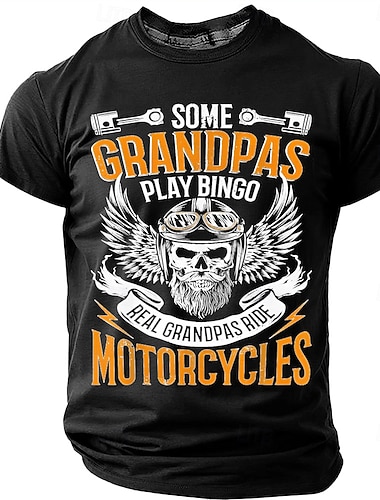  Alguns avôs jogam bingo, avôs de verdade andam de moto. Camiseta masculina com estampa de caveira, capacete alado, óculos de proteção, pistões e gráficos hardcore, gola redonda e manga curta, ideal