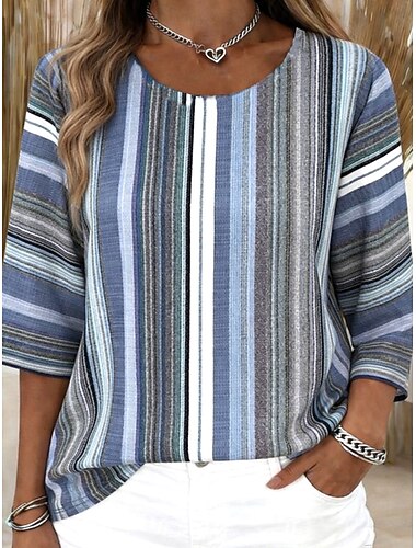  Camisas de mujer con tacto de lino, blusa estampada a rayas, gráfica, geométrica, estilo bohemio tropical, elegante, manga tres cuartos, manga corta, cuello redondo, tops regulares, ropa de uso diario para vacaciones, azul, verano, primavera
