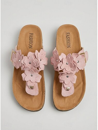  Sandali infradito da donna rosa con stampa floreale: ciabatte basse con plantare morbido e decorazione floreale 3D, scarpe estive leggere e facili da indossare, perfette per le vacanze al mare e le