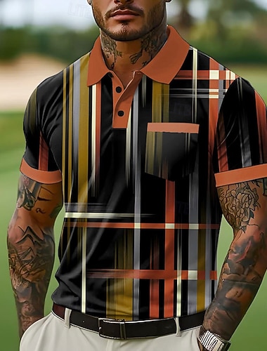  Miesten Button Up Polos Kausaliteetti Katu Kauluskäänne Lyhythihainen Muoti Geometrinen Viiva Tasku Napit Kesä Sininen Valkoinen Oranssi Apila Button Up Polos