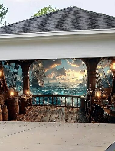  banner vintage de navio pirata, aventura náutica, veleiro, vista do pôr do sol no oceano, porta de garagem, decoração externa para casa de férias