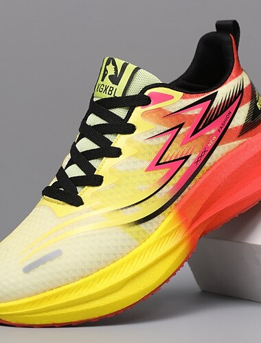  Gele en rode hardloopsneakers voor heren, lichtgewicht, ademende sportschoenen met demping, geschikt voor hardlopen, fitness, wandelen, reizen en dagelijks gebruik.