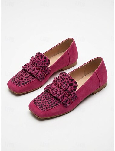  Roze suède loafers voor dames met luipaardprintaccenten – comfortabele platte schoenen voor dagelijks gebruik, casual uitjes en naar kantoor.