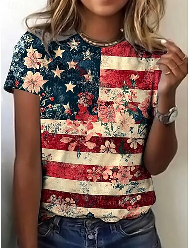  Giorno dell'Indipendenza Americana Per donna Maglietta Stampato Floreale Grafico Bandiera Elegante Classico Casual Manica Corta Girocollo Top Regolari Casuale Quotidiano Blu Rosso Estate Primavera